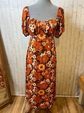 Max + Ash M 70s Retro Floral Maxi Dress Puff Sleeve Open Back Brown Orange